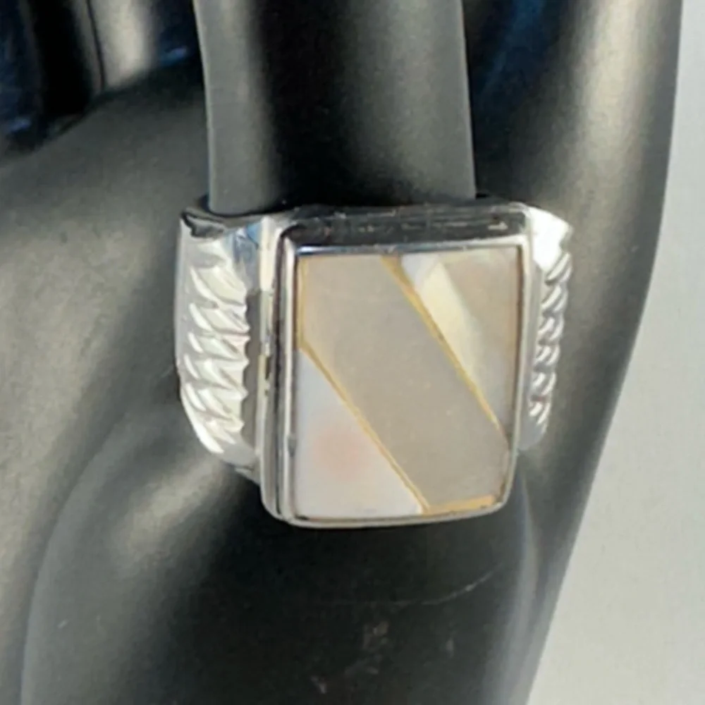 Silver tone large mother of pearl ring